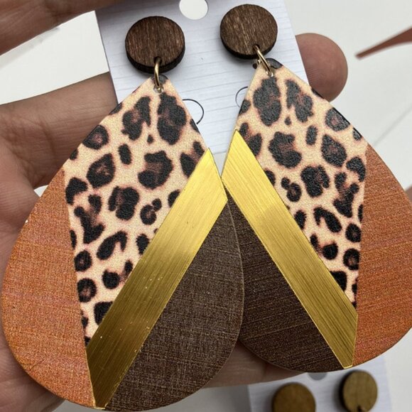 Leopard Print Wooden Earrings - Picture 1 of 4